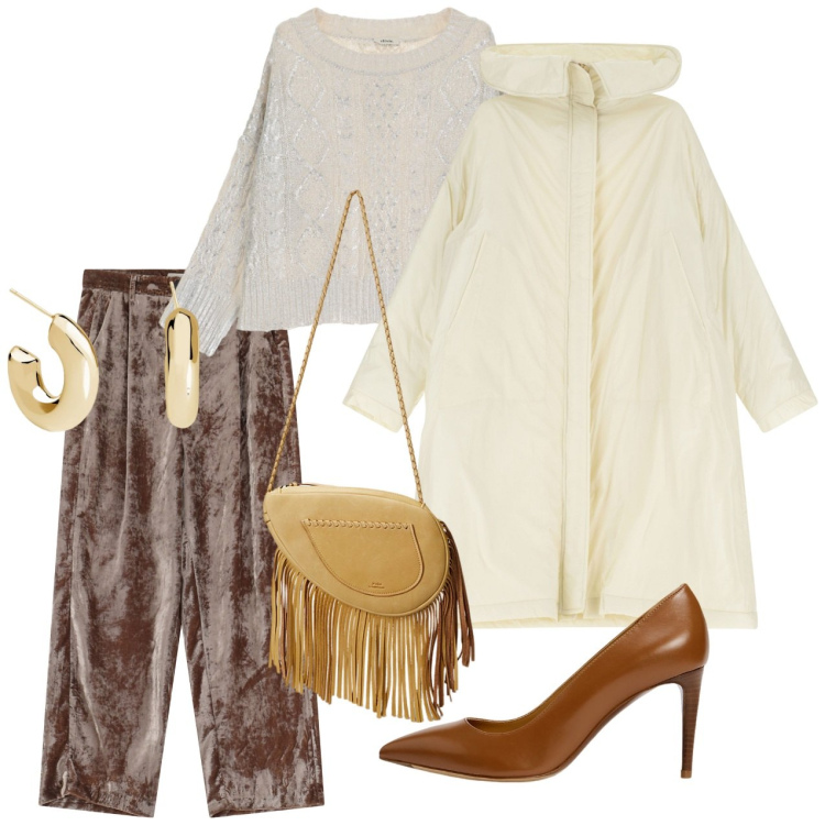 Outfit donna - Dixie HOLIDAY EDIT 2024: City of Angels. Stile Rock per Serata fuori. Abbinamento con orecchini, pantaloni, maglieria, parka, décolleté, borse a tracolla.