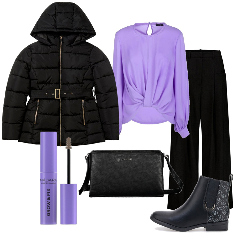 Outfit donna - Violetta. Stile Chic per Ufficio. Abbinamento con mascara, blazer, bluse, stivaletti, pantaloni, borse a tracolla.