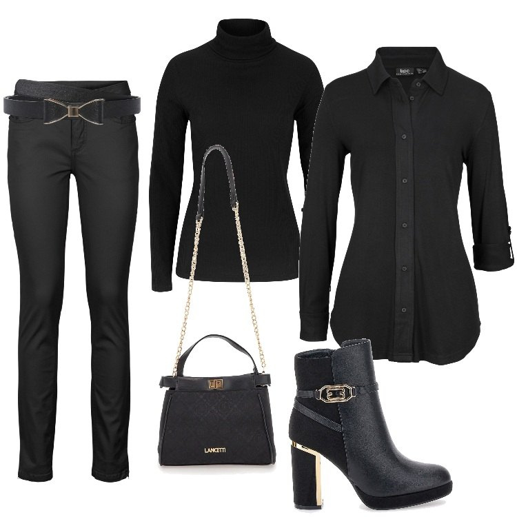 Outfit donna - Total look #2019617-2. Stile Casual chic per Serata fuori. Abbinamento con camicie, jeans skinny, maglieria, cinture, borse a tracolla, stivaletti.