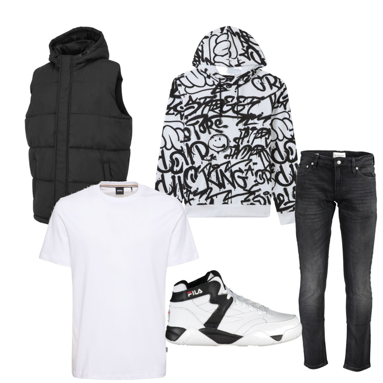 Outfit uomo - Total look #2019619. Stile Casual per Tutti i giorni. Abbinamento con felpe con cappuccio, gilet, t-shirt, sneakers, jeans slim fit.