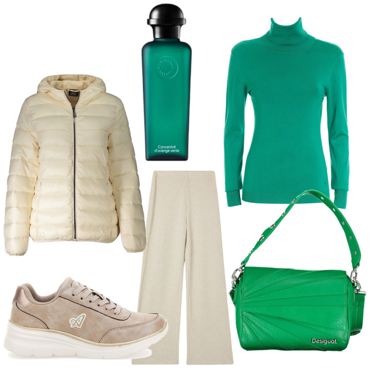Outfit donna - Sempre verde. Stile Casual per Tutti i giorni. Abbinamento con profumi, pantaloni, maglieria, sneakers, blazer, borse a spalla.