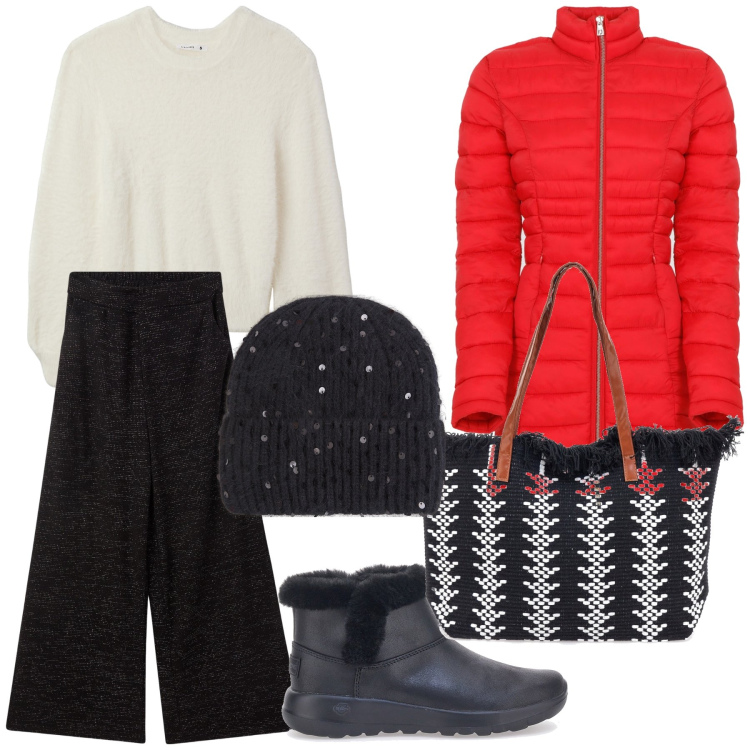 Outfit donna - Fuori freddo look caldo. Stile Urban per Tutti i giorni. Abbinamento con berretti, maglieria, pantaloni, piumini, borse a spalla, stivaletti.