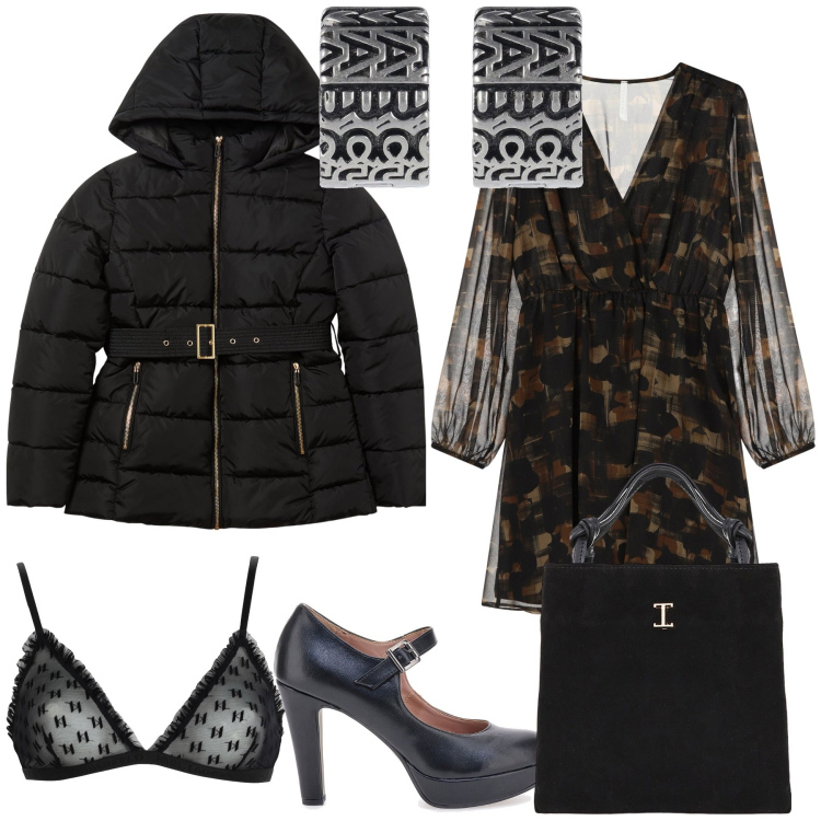 Outfit donna - La stagione delle feste. Stile Glamour per Serata fuori. Abbinamento con reggiseni, blazer, vestiti corti, shopping bag, décolleté, orecchini.