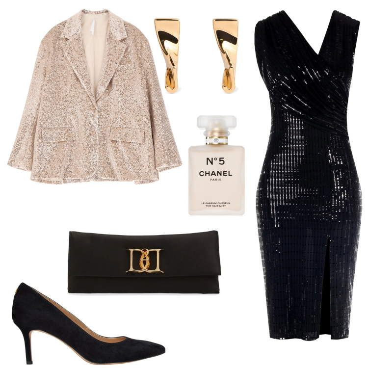 Outfit donna - Festive glam. Stile Glamour per Serata fuori. Abbinamento con profumi, vestiti a tubino, blazer, décolleté, pochette, orecchini.