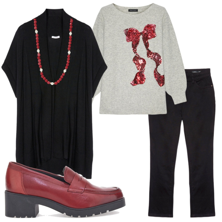 Outfit donna - Un fiocco rosso. Stile Casual chic per Ufficio. Abbinamento con collane, mocassini, cardigans, maglieria, pantaloni.