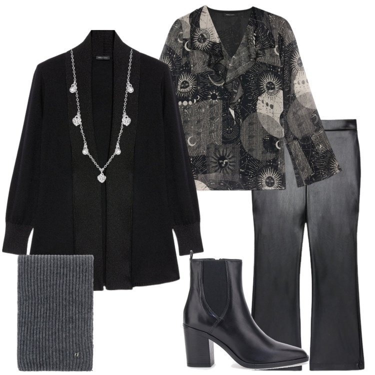 Outfit donna - Giornata grigia. Stile Casual chic per Ufficio. Abbinamento con collane, sciarpe, stivaletti, pantaloni, cardigans, bluse.