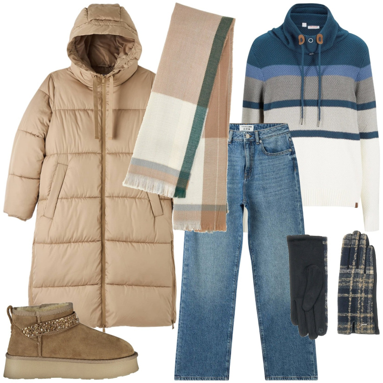 Outfit donna - Total look #2019659. Stile Casual per Tutti i giorni. Abbinamento con maglieria, piumini, jeans dritti, sciarpe, guanti, stivali.