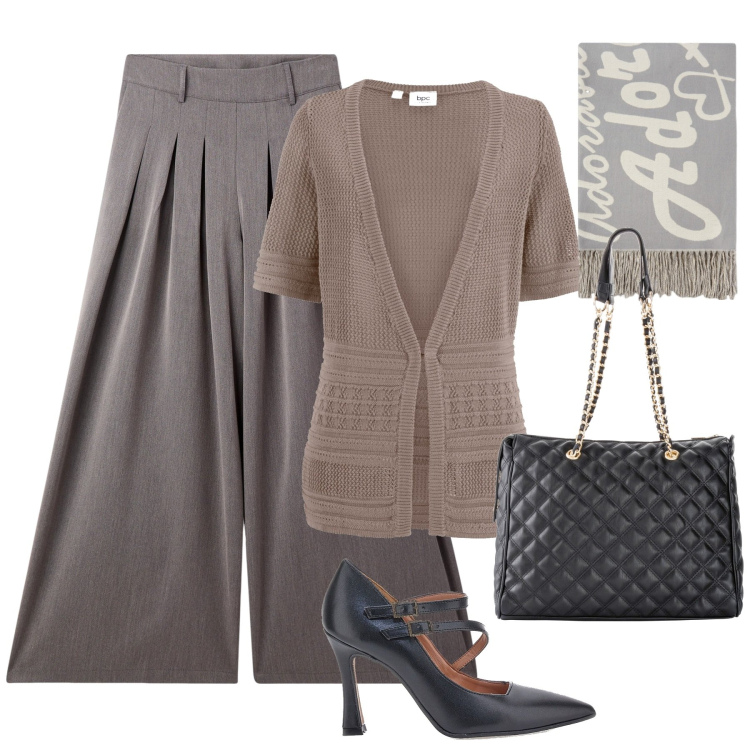 Outfit donna - City. Stile Minimal per Tutti i giorni. Abbinamento con shopping bag, cardigans, pantaloni a palazzo, décolleté, sciarpe.