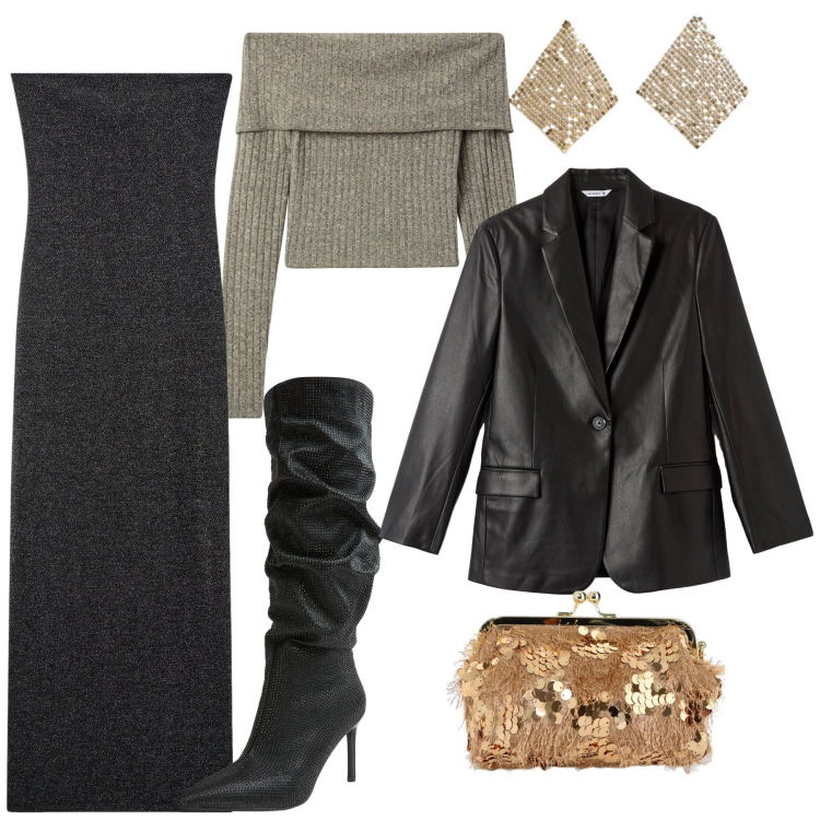 Outfit donna - Festive Glam. Stile Glamour per Serata fuori. Abbinamento con vestiti lunghi, orecchini, maglieria, blazer, stivali, borse a spalla.