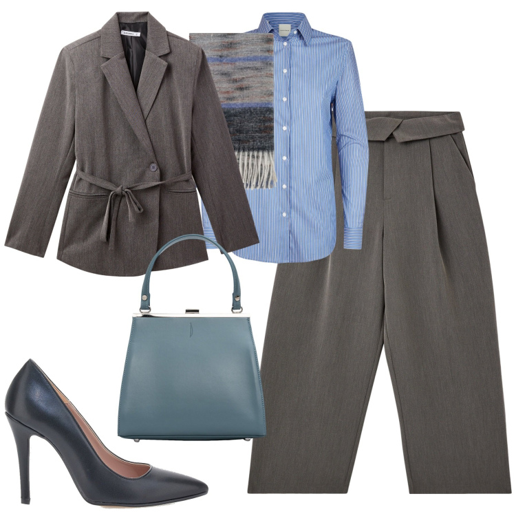 Outfit donna - City. Stile Minimal per Tutti i giorni. Abbinamento con foulard, pantaloni, camicie, clutch, blazer, décolleté.