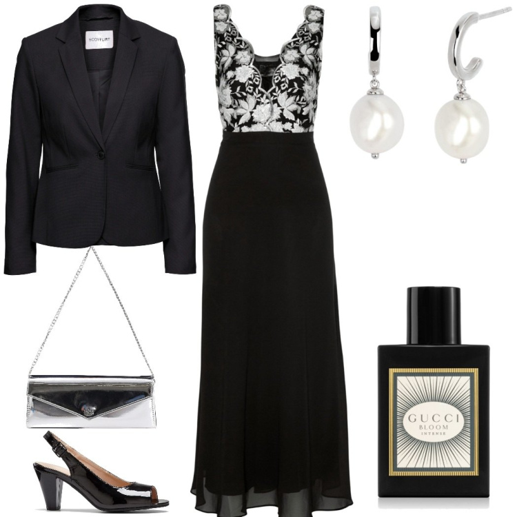 Outfit donna - Piccolo budget...grande effetto. Stile Chic per Serata fuori. Abbinamento con blazer, vestiti, décolleté, profumi, orecchini, pochette.