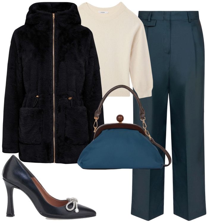 Outfit donna - City. Stile Minimal per Tutti i giorni. Abbinamento con ecopellicce, maglieria, décolleté, clutch, pantaloni.