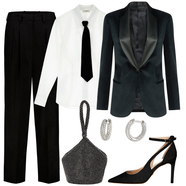 Outfit donna - Dandy girl. Stile Mannish per Serata fuori. Abbinamento con orecchini, décolleté, pochette, camicie, pantaloni, blazer.
