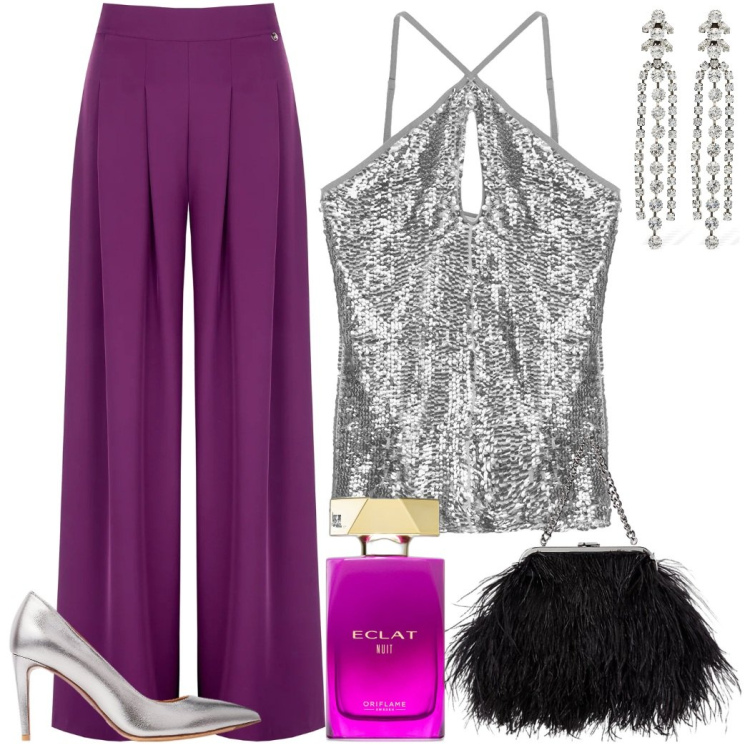 Outfit donna - Pantalone a palazzo. Stile Glamour per Serata fuori. Abbinamento con profumi, pantaloni a palazzo, top, décolleté, clutch, orecchini.