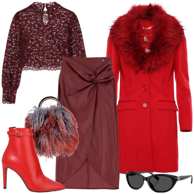 Outfit donna - Rosso e bordeaux. Stile Trendy per Serata fuori. Abbinamento con borse a secchiello, camicie, stivaletti, cappotti, occhiali da sole, gonne.