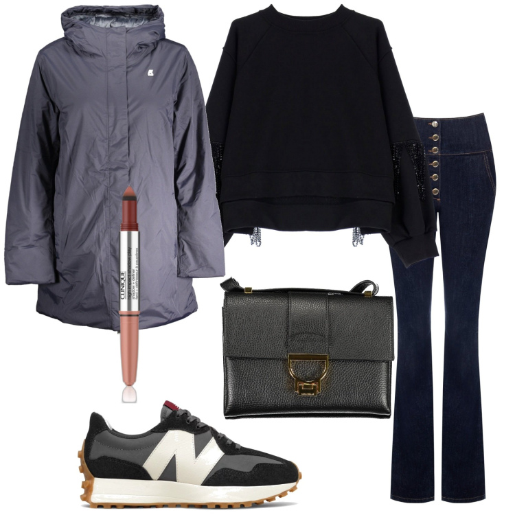 Outfit donna - Total look #2019707. Stile Urban per Tutti i giorni. Abbinamento con ombretti, sneakers, jeans a zampa, felpe, blazer, borse a tracolla.