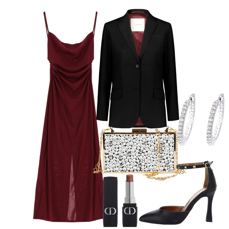 Outfit donna - Festive Glam. Stile Glamour per Serata fuori. Abbinamento con rossetti, orecchini, pochette, vestiti midi/longuette, décolleté, blazer.