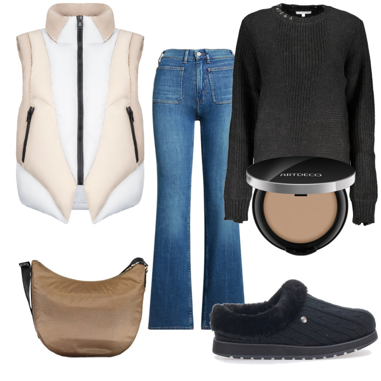 Outfit donna - Total look #2019711. Stile Urban per Tutti i giorni. Abbinamento con ciprie, jeans bootcut, piumini, pantofole, maglieria, borse a tracolla.