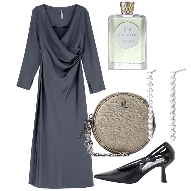 Outfit donna - Festive Glam. Stile Glamour per Tutti i giorni. Abbinamento con profumi, orecchini, vestiti, décolleté, pochette.