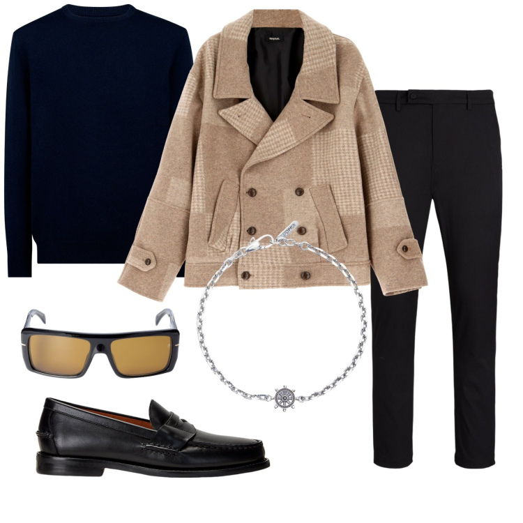 Outfit uomo - Total look #2019719. Stile Trendy per Tutti i giorni. Abbinamento con braccialetti, cappotti, scarpe stringate, pantaloni, maglieria, occhiali da sole.