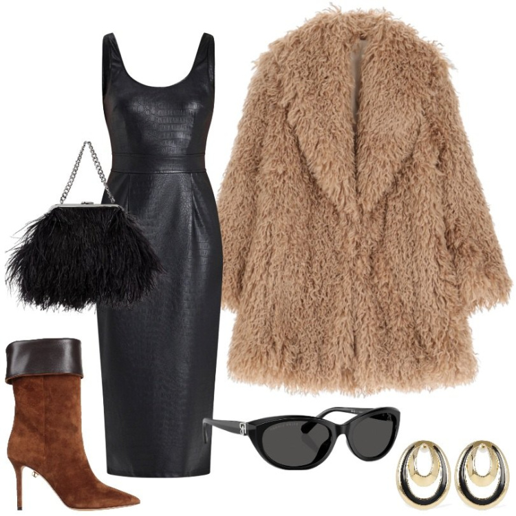 Outfit donna - Total look #2019729. Stile Chic per Tutti i giorni. Abbinamento con stivali, vestiti midi/longuette, ecopellicce, occhiali da sole, clutch, orecchini.