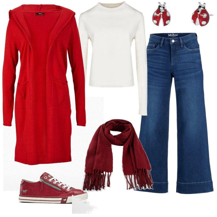 Outfit donna - Cardigan rosso jeans a zampa. Stile Casual per Tutti i giorni. Abbinamento con sneakers, jeans a zampa, sciarpe, cardigans, orecchini, t-shirt.