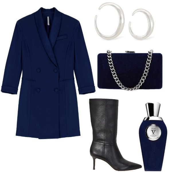 Outfit donna - Blu e nero. Stile Trendy per Serata fuori. Abbinamento con profumi, vestiti corti, stivali, clutch, orecchini.
