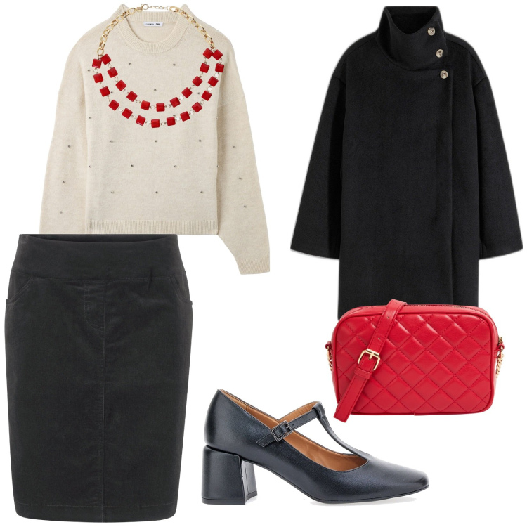 Outfit donna - Tutti i giorni con semplicità. per Tutti i giorni. Abbinamento con gonne, cappotti, maglieria, borse a tracolla, collane, décolleté.