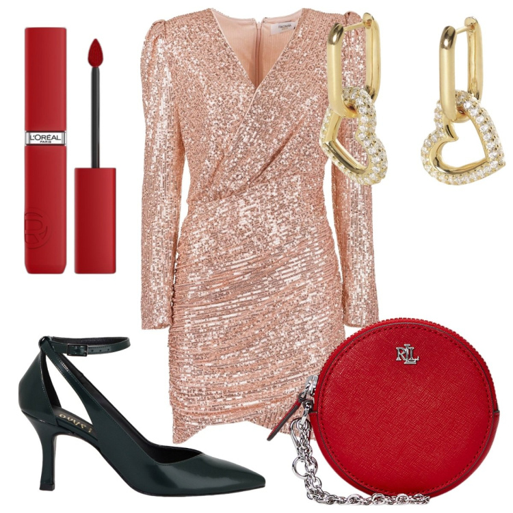 Outfit donna - Festive Glam: Rosso Natale. Stile Glamour per Serata fuori. Abbinamento con rossetti, orecchini, vestiti corti, pochette, décolleté.