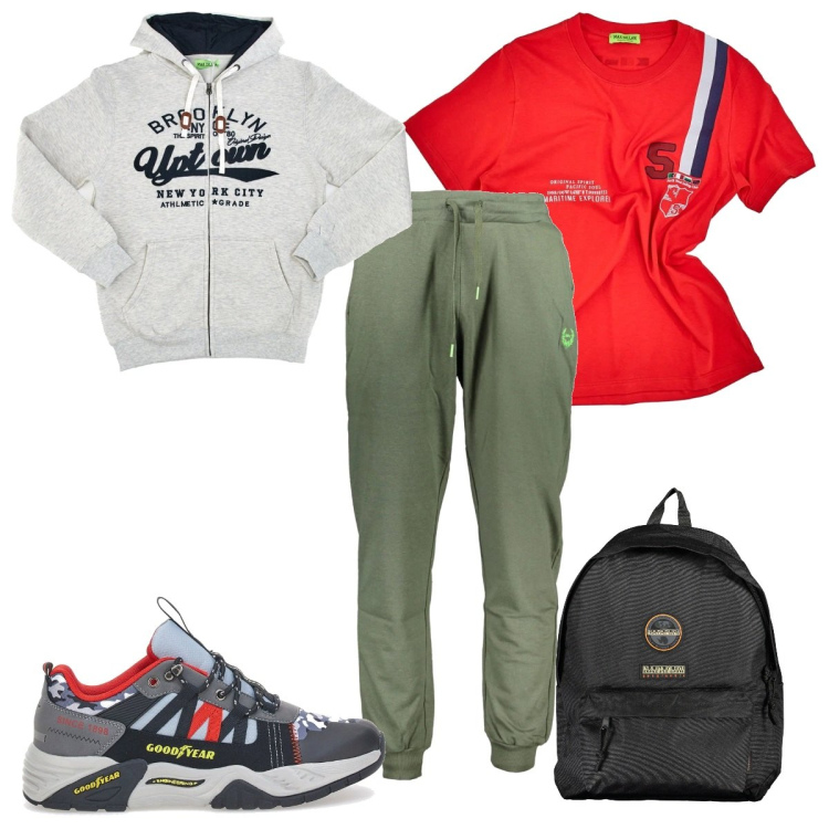 Outfit uomo - Total look #2019789. Stile Trendy per Sport. Abbinamento con t-shirt, felpe con cappuccio, borse sportive, pantaloni, sneakers.