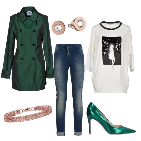 Outfit donna - Life green. Stile Chic per Serata fuori. Abbinamento con jeans boyfriend, soprabito doppiopetto collo classico a maniche lunghe interno sfoderato in tessuto tecnico tinta unita, t-shirt senza tasche con stampa e paillettes collo tondo a maniche lunghe in viscosa jersey, décolleté effetto vernice a punta tinta unita, orecchini a bottone oro e bianco e rosa.