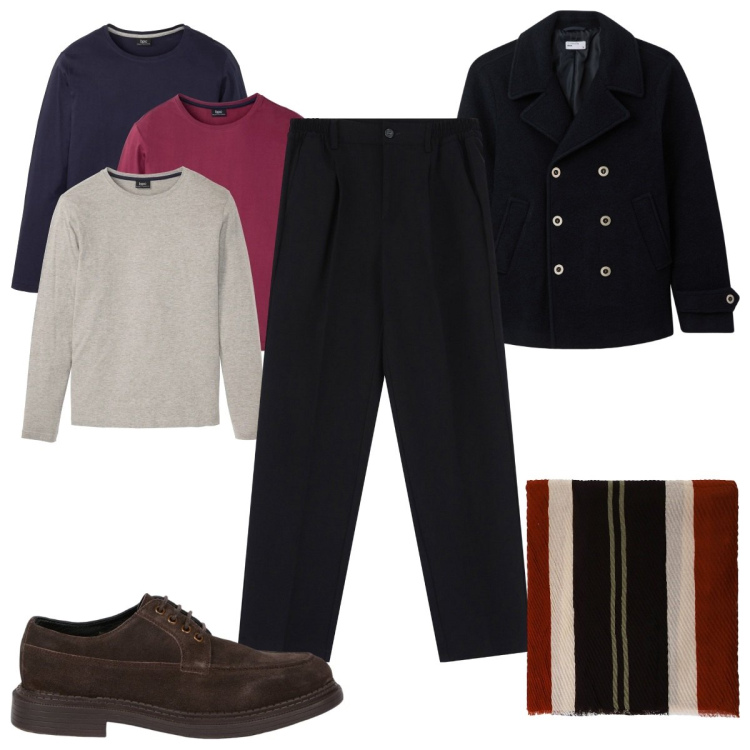 Outfit uomo - Total look #2019794. Stile Casual per Tutti i giorni. Abbinamento con maglieria, cappotti, pantaloni, sciarpe e foulard, scarpe stringate.