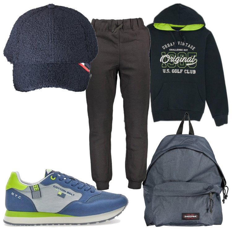Outfit uomo - Total look #2019796. Stile Casual per Sport. Abbinamento con felpe con cappuccio, sneakers, pantaloni, borse sportive, cappelli con visiera.