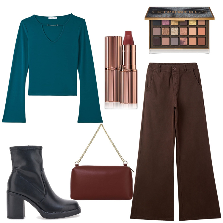 Outfit donna - Ottanio e marrone. Stile Casual per Tutti i giorni. Abbinamento con ombretti, rossetti, pantaloni chino, t-shirt, borse a tracolla, stivaletti.