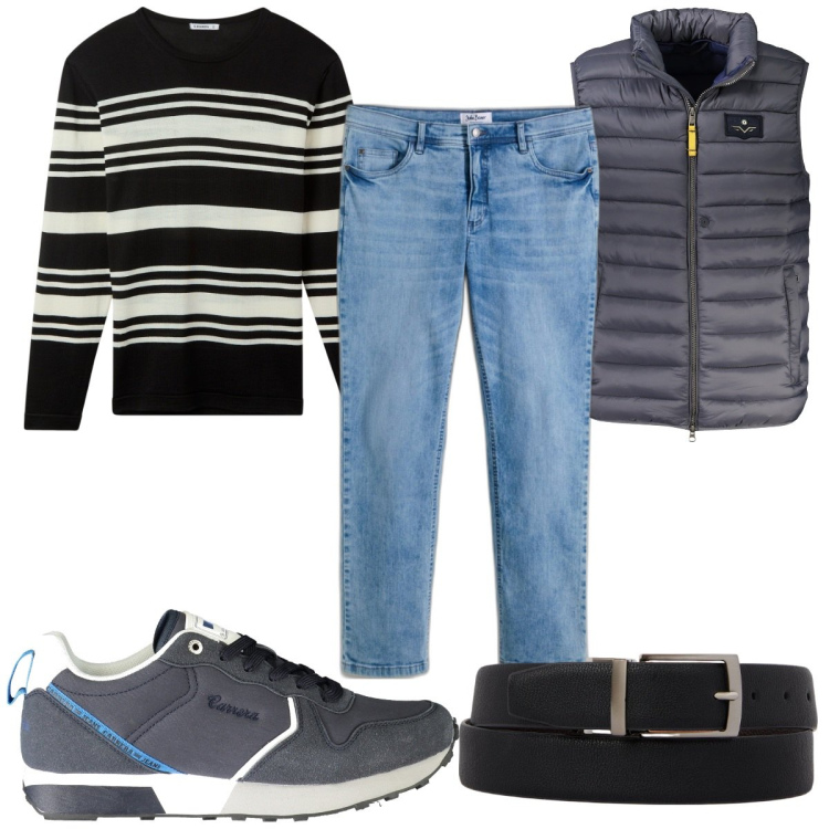 Outfit uomo - Total look #2019839. Stile Trendy per Tutti i giorni. Abbinamento con jeans dritti, maglieria, giacche, cinture, sneakers.