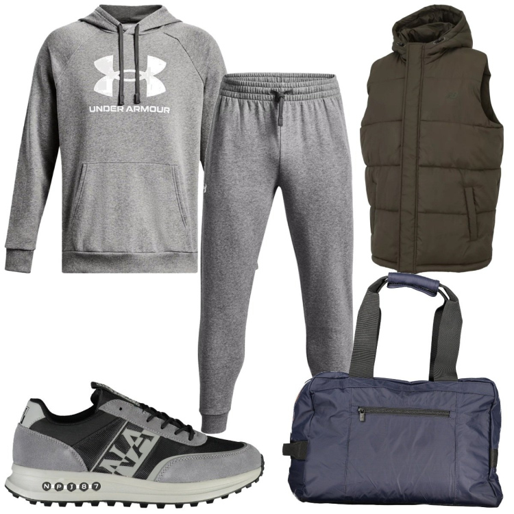 Outfit uomo - Total look #2019841. Stile Trendy per Sport. Abbinamento con gilet, felpe con cappuccio, pantaloni, sneakers, borse sportive.