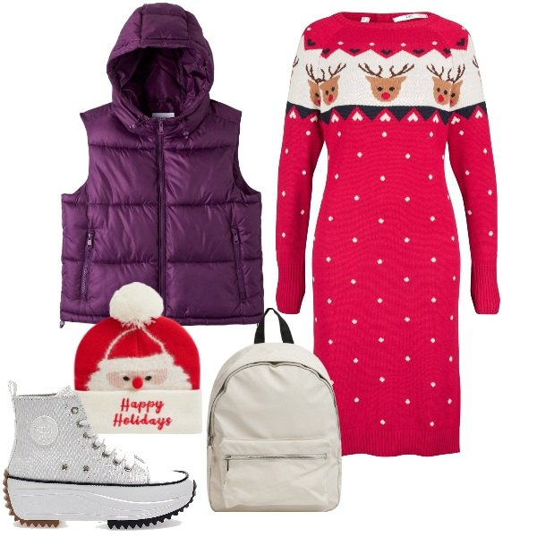 Outfit donna - Cosy Xmas. Stile Urban per Tutti i giorni. Abbinamento con vestiti, piumini, zaini, berretti, sneakers alte.