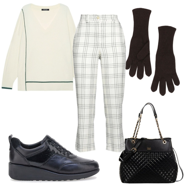 Outfit donna - Total look #2019856. Stile Trendy per Tutti i giorni. Abbinamento con pantaloni, guanti, shopping bag, scarpe stringate, maglieria.