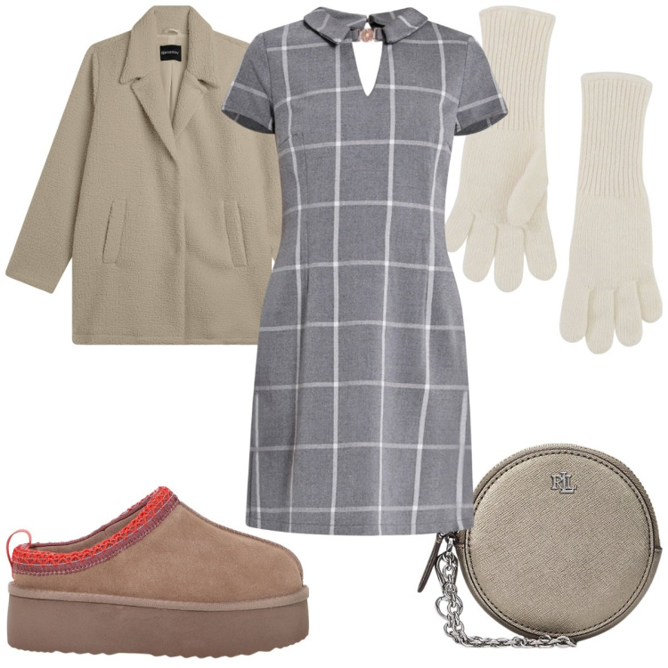 Outfit donna - Total look #2019860. Stile Trendy per Tutti i giorni. Abbinamento con vestiti a tubino, guanti, cappotti, sabot, pochette.