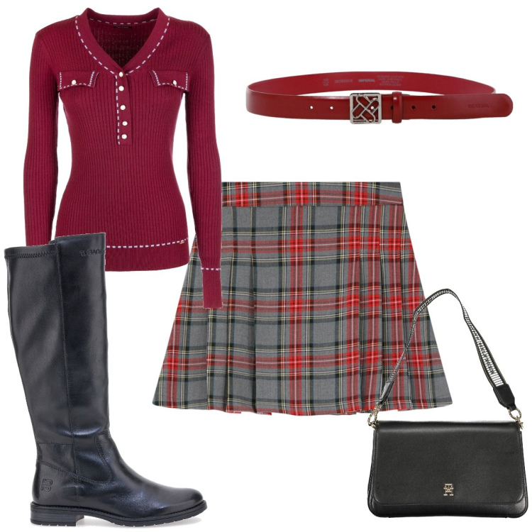 Outfit donna - Total look #2019865. Stile Preppy per Tutti i giorni. Abbinamento con minigonne, cinture, maglieria, stivali sopra il ginocchio, borse a tracolla.