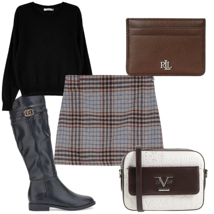 Outfit donna - Total look #2019875. Stile Trendy per Tutti i giorni. Abbinamento con borse a tracolla, maglieria, minigonne, portafogli, stivali sopra il ginocchio.