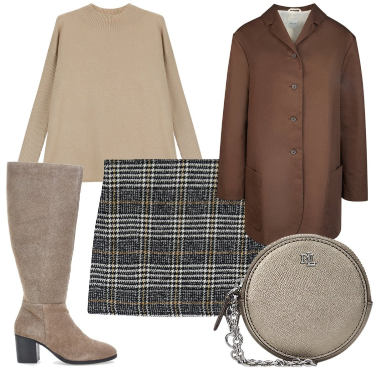 Outfit donna - Total look #2019878. Stile Trendy per Tutti i giorni. Abbinamento con maglieria, minigonne, pochette, trench, stivali.