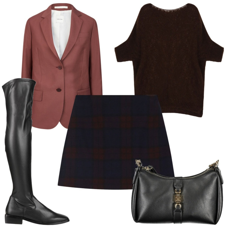 Outfit donna - Total look #2019879. Stile Trendy per Tutti i giorni. Abbinamento con stivali sopra il ginocchio, pullovers, minigonne, blazer, borse a tracolla.