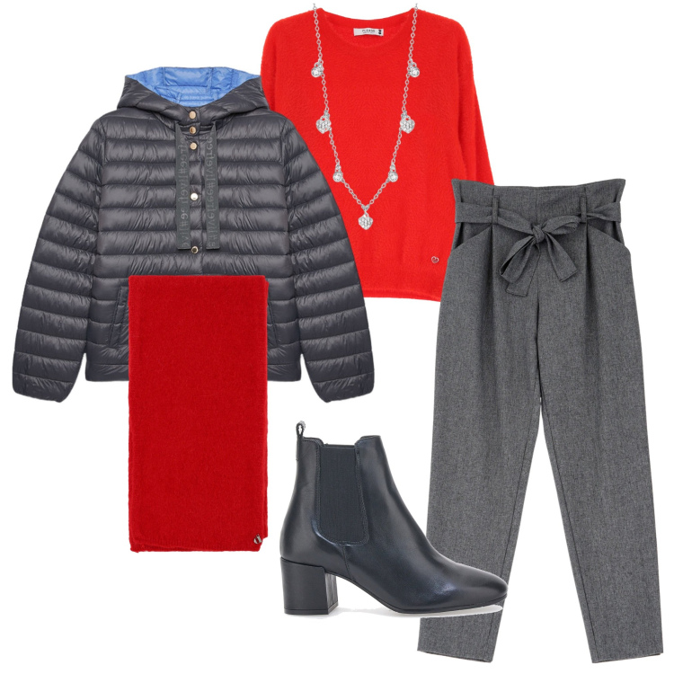 Outfit donna - In ufficio. Stile Casual chic per Ufficio. Abbinamento con collane, pantaloni, maglieria, stole, stivaletti chelsea, piumini.
