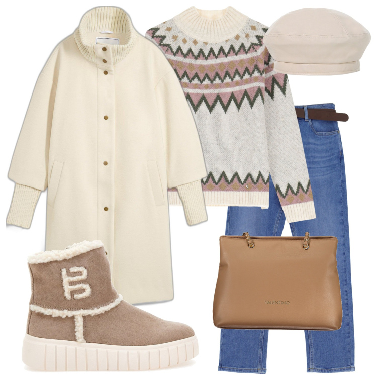Outfit donna - Corsa ai regali. Stile Casual chic per Tutti i giorni. Abbinamento con cappotti, maglieria, jeans dritti, cappelli e berretti, stivaletti, borse a spalla.