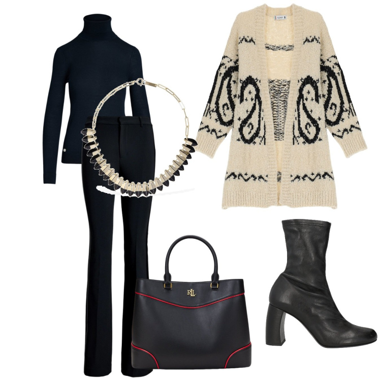 Outfit donna - Dolcevita. Stile Basic per Ufficio. look ideale per Tall. Abbinamento con stivaletti, cardigans, maglieria, pantaloni, borse a mano, collane.