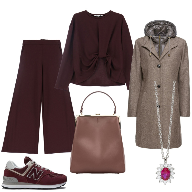 Outfit donna - Look natalizio. Stile Glamour per Tutti i giorni. Abbinamento con cappotti, collane, sneakers, maglieria, pantaloni a palazzo, borse a spalla.