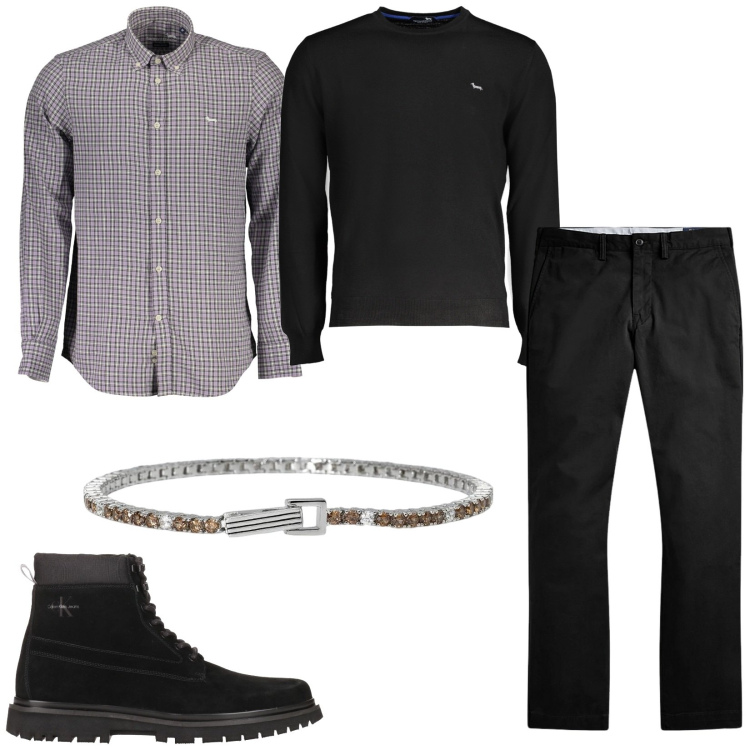 Outfit uomo - Casual chic. Stile Casual per Serata speciale. Abbinamento con stivali e stivaletti, braccialetti, pantaloni, maglieria, camicie.