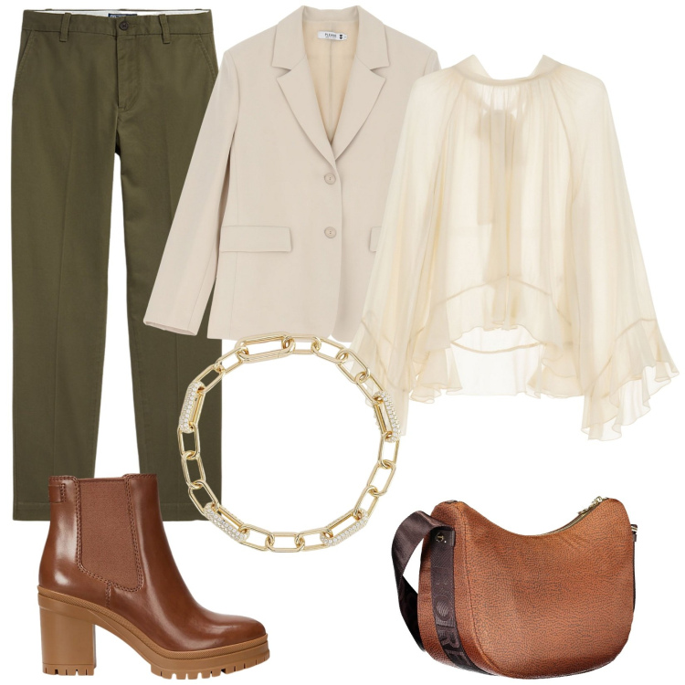 Outfit donna - Power casui. Stile Casual chic per Ufficio. Abbinamento con braccialetti, blazer, pantaloni chino, stivaletti chelsea, camicie, borse a tracolla.