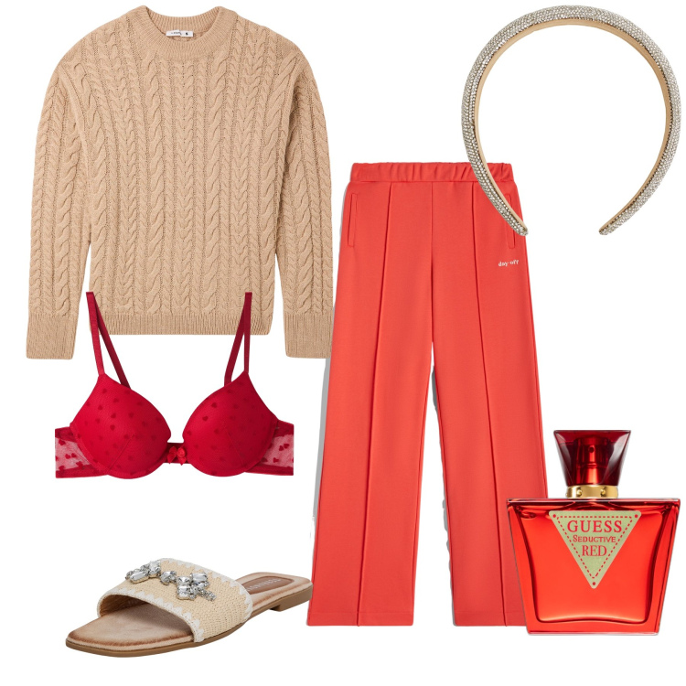 Outfit donna - Christmas at home. Stile Basic per Tutti i giorni. Abbinamento con profumi, ciabatte, maglieria, reggiseni push-up, cerchietti, pantaloni.